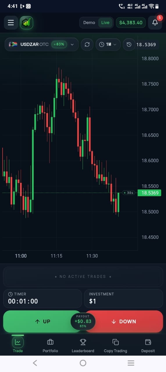 Live trade on USDZAR with 83% payout