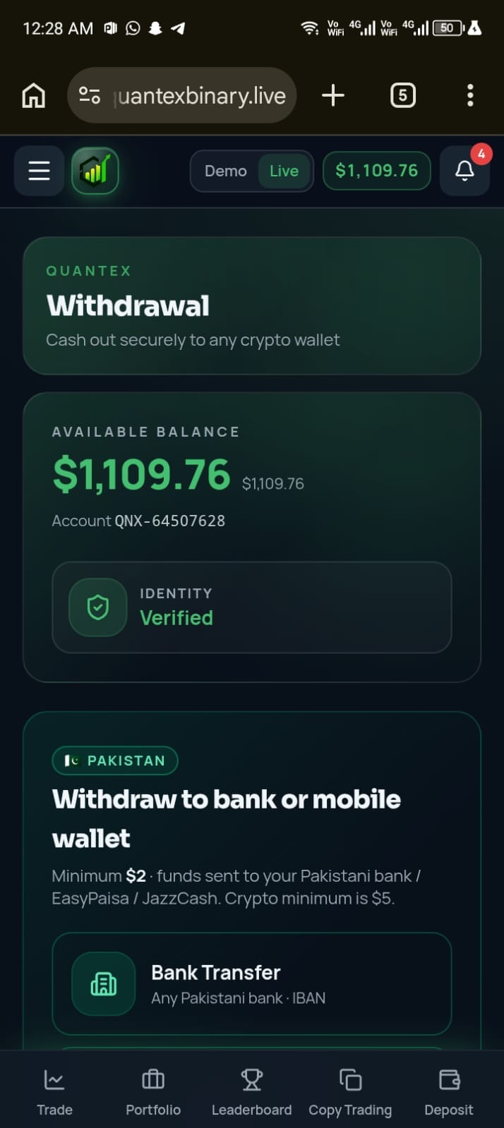 Withdrawal of $1,109.76 to bank or mobile wallet