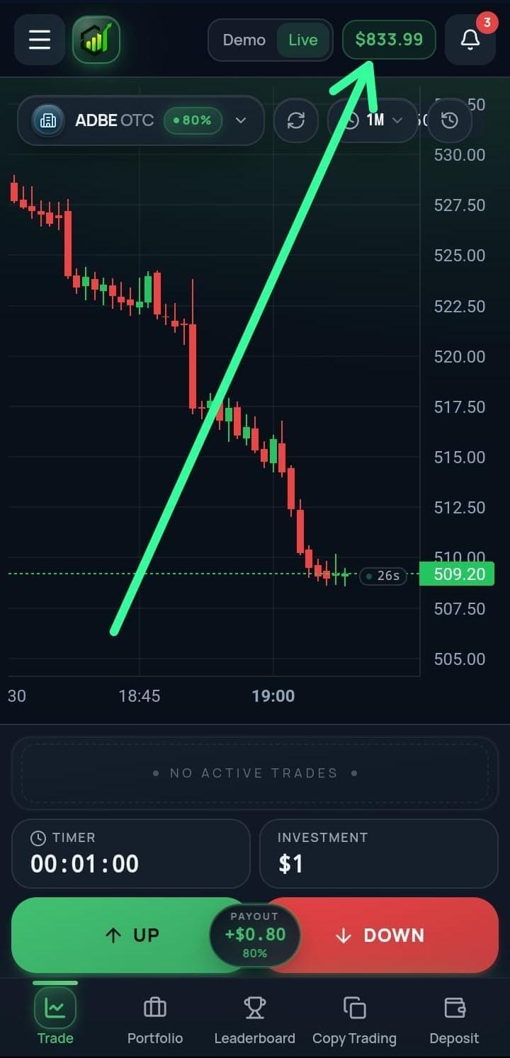 Live account balance grown to $833.99